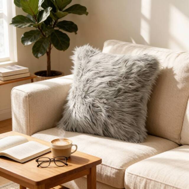Garden Sanctuary Square Fluffy Faux Fur Throw Pillow Cover Grey - image 1