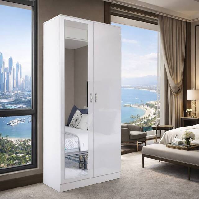 Harmin Mirrorred 2 Door Soft close wardrobe height 180 cm - (White on White) in White - image 1