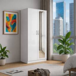 Harmin Mirrorred 2 Door Soft close wardrobe height 180 cm - (White on White) in White - thumbnail 3