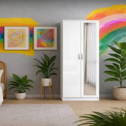 Harmin Mirrorred 2 Door Soft close wardrobe height 180 cm - (White on White) in White - thumbnail 4