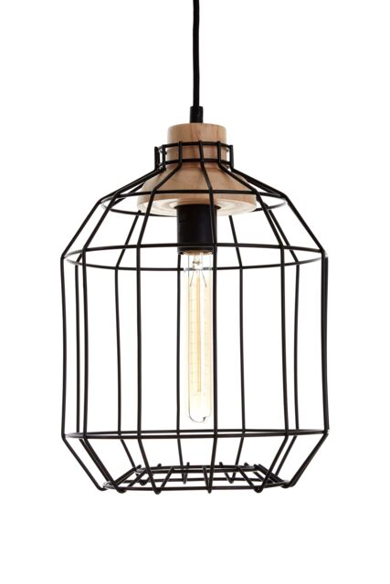 Orsina Black Iron Cage Pendant Light, Geometric Wire Frame Ceiling Lamp, Decorative Light With Wooden Bulb Mount - image 1