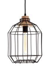 Orsina Black Iron Cage Pendant Light, Geometric Wire Frame Ceiling Lamp, Decorative Light With Wooden Bulb Mount