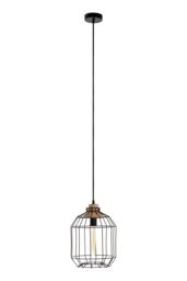 Orsina Black Iron Cage Pendant Light, Geometric Wire Frame Ceiling Lamp, Decorative Light With Wooden Bulb Mount - thumbnail 3