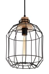 Orsina Black Iron Cage Pendant Light, Geometric Wire Frame Ceiling Lamp, Decorative Light With Wooden Bulb Mount - thumbnail 2