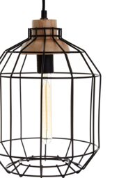 Orsina Black Iron Cage Pendant Light, Geometric Wire Frame Ceiling Lamp, Decorative Light With Wooden Bulb Mount - thumbnail 4