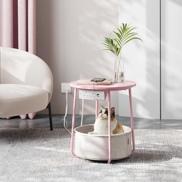VASAGLE Round Side Table Charging Station Power Outlets USB Fabric Basket in Pale Pink - image 1