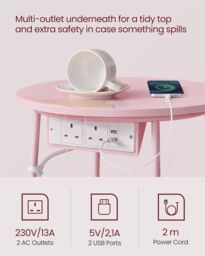 VASAGLE Round Side Table Charging Station Power Outlets USB Fabric Basket in Pale Pink - thumbnail 4