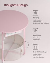 VASAGLE Round Side Table Charging Station Power Outlets USB Fabric Basket in Pale Pink - thumbnail 5