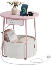 VASAGLE Round Side Table Charging Station Power Outlets USB Fabric Basket in Pale Pink - thumbnail 7