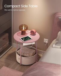 VASAGLE Round Side Table Charging Station Power Outlets USB Fabric Basket in Pale Pink - thumbnail 3