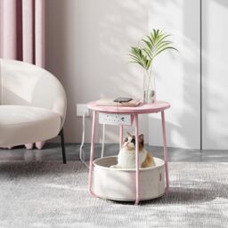 VASAGLE Round Side Table Charging Station Power Outlets USB Fabric Basket in Pale Pink