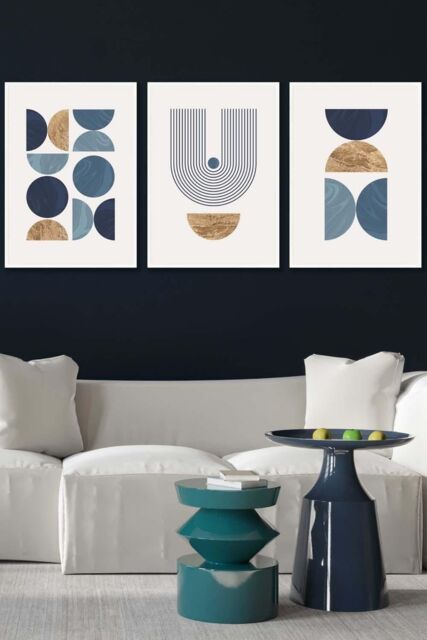 ARTZE Mid Century Geometric in Blue & Gold Framed Wall Art - Large in White - Size: W53 cm x H73 cm x D20mm - image 1