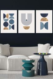ARTZE Mid Century Geometric in Blue & Gold Framed Wall Art - Large in White - Size: W53 cm x H73 cm x D20mm - thumbnail 1