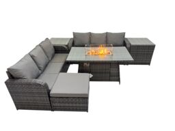 Fimous Garden Rattan 3 Seater Sofa with Big Stool 2 Side Tables in Dark Grey - thumbnail 1