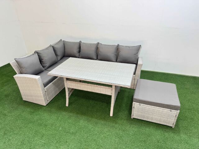Fimous 7 Seater Rattan Garden Furniture Set with Dining Table Big Footstool in Light Grey - image 1