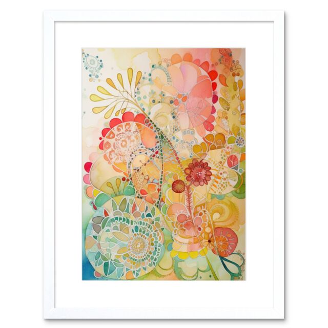 "Artery8 Wall Art Print Lace Pattern Flower Blooms Folk Art Watercolour Painting Artwork Framed 9X7 Inch in White - Size: W7"" x H9""" - image 1