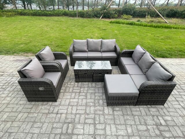 Fimous 11 Seater Wicker PE Rattan Sofa Set Outdoor Patio Garden Furniture with 2 Reclining Chairs Coffee Table 3 Footstools Dark Grey Mixed - image 1