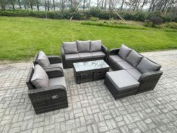 Fimous 11 Seater Wicker PE Rattan Sofa Set Outdoor Patio Garden Furniture with 2 Reclining Chairs Coffee Table 3 Footstools Dark Grey Mixed - thumbnail 2