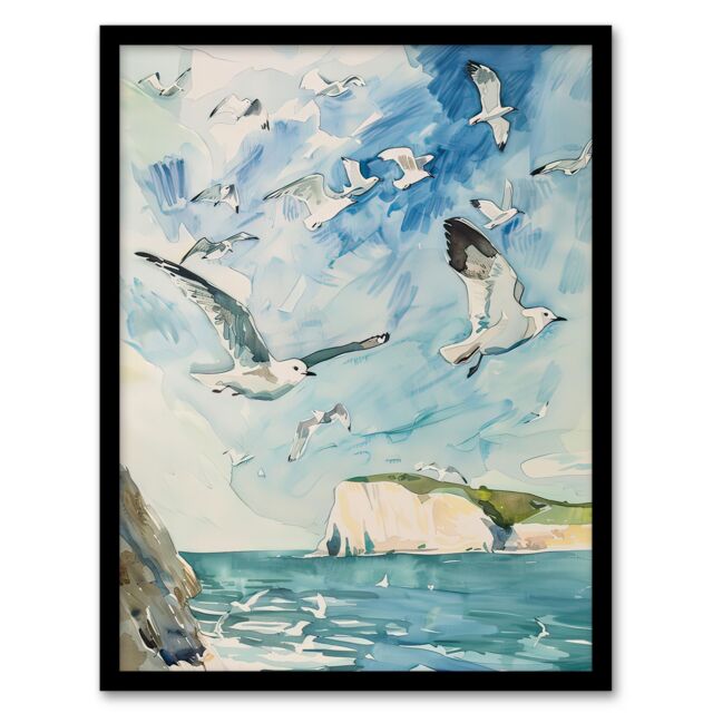 Artery8 Seagulls Over White Cliffs of Dover UK Coastline Framed Wall Art in Blue - Size: A4 - image 1