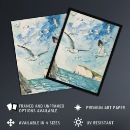 Artery8 Seagulls Over White Cliffs of Dover UK Coastline Framed Wall Art in Blue - Size: A4 - thumbnail 2