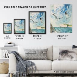 Artery8 Seagulls Over White Cliffs of Dover UK Coastline Framed Wall Art in Blue - Size: A4 - thumbnail 3