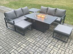 Fimous Aluminium Outdoor Lounge Sofa Garden Furniture Sets Gas Fire Pit Dining Table Set with 2 Big Footstools Side Table Dark Grey - thumbnail 1