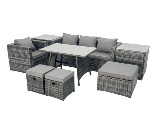 Fimous Rattan Dining Table Sofa Set with 2 Side Tables 3 Footstools Outdoor in Dark Grey - image 1