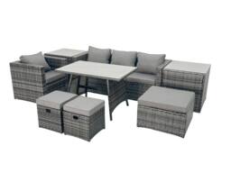 Fimous Rattan Dining Table Sofa Set with 2 Side Tables 3 Footstools Outdoor in Dark Grey - thumbnail 1