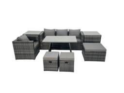 Fimous Rattan Dining Table Sofa Set with 2 Side Tables 3 Footstools Outdoor in Dark Grey - thumbnail 2