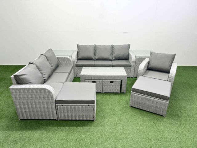 Fimous PE Rattan 3 Seater Sofa Reclining Chair Set with Oblong Coffee Table in Light Grey - image 1