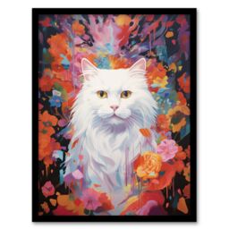 "Artery8 Wall Art Print Pure White Cat Lover Gift Pet Portrait Colourful Artwork Painting Art Framed - Size: W12"" x H16""" - thumbnail 1