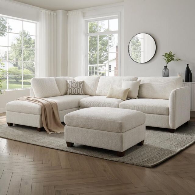 Home Detail Ben Left-Hand Corner Sofa with Footstool in Cream - Size: 4 Person - image 1