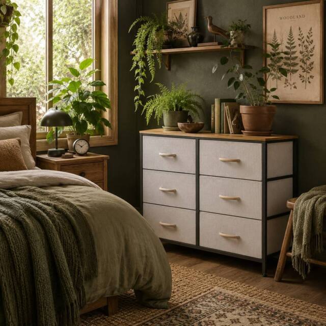 Wyld Haus Nali 6 Drawer Cream White Fabric Dresser Steel Frame & Maple Effect - image 1
