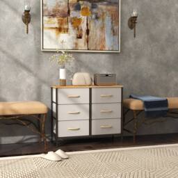 Wyld Haus Nali 6 Drawer Cream White Fabric Dresser Steel Frame & Maple Effect - thumbnail 3