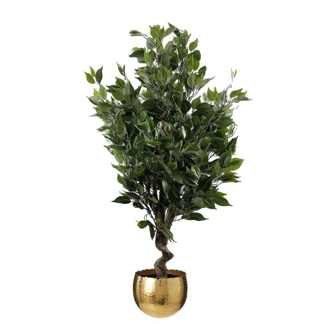 Leaf 110cm Artificial Evergreen Twist Ficus Tree Gold Curve Planter in Green - image 1