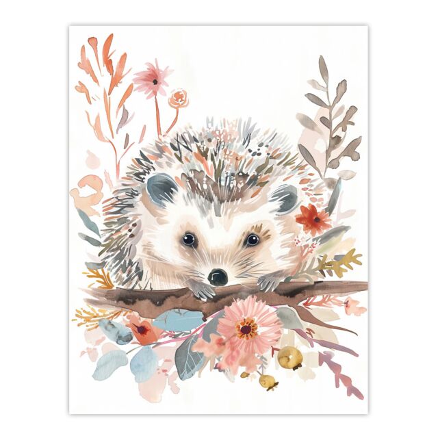 "Artery8 Hedgehog in Wildflowers Modern Watercolour Pastel Wall Art Print in Pink - Size: W24"" x H32""" - image 1