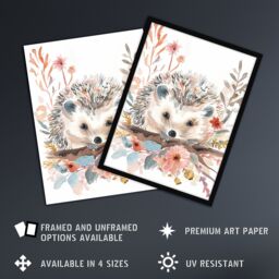 "Artery8 Hedgehog in Wildflowers Modern Watercolour Pastel Wall Art Print in Pink - Size: W24"" x H32""" - thumbnail 2