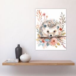"Artery8 Hedgehog in Wildflowers Modern Watercolour Pastel Wall Art Print in Pink - Size: W24"" x H32""" - thumbnail 4