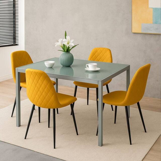 KOSY KOALA Modern Grey Glass Dining Table Set with 4 Mustard Faux Leather Chairs - Size: 120 cm x 70 cm - image 1