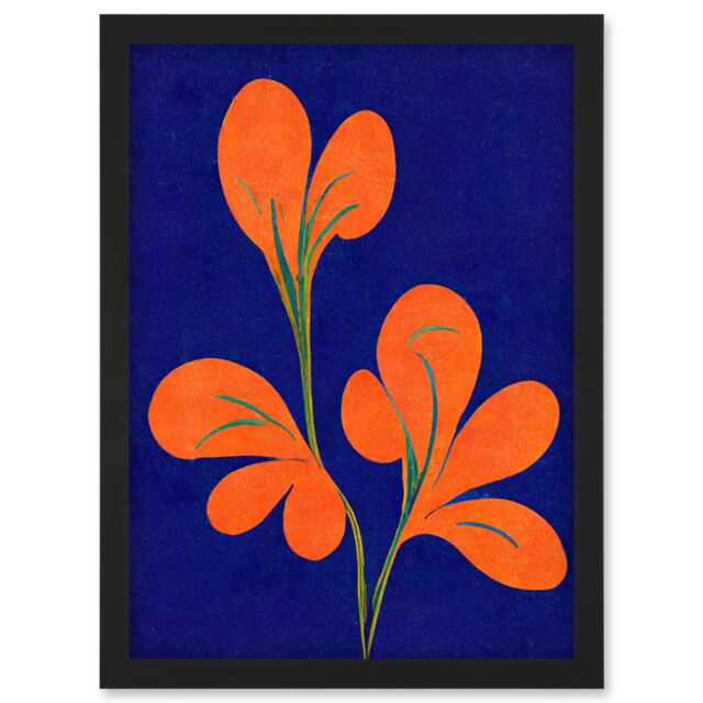 Artery8 Henri Matisse Inspired Bright Abstract Orange Flower Blooms On Royal Blue Artwork Framed Wall Art Print A4 in Black - image 1