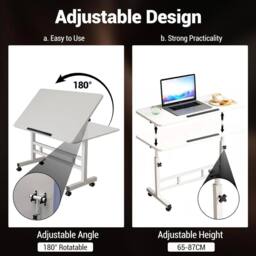 London Boutique Height Adjustable Standing Desk 80x40cm Rolling Laptop Table w/Tilting in White - Size: 80x40 cm - thumbnail 4