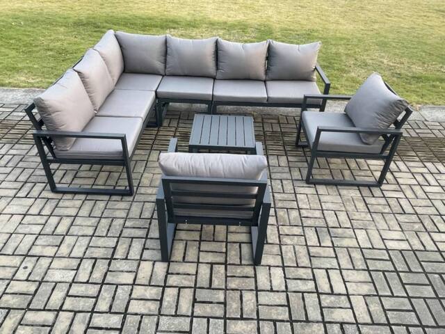 Fimous Aluminium Garden Furniture Set Outdoor Lounge Corner Sofa 2 Pcs Chair Square Coffee Table Sets Dark Grey 8 Seater