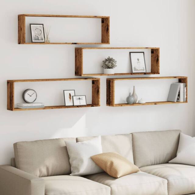 Berkfield Home Wall Cube Shelves 4 pcs Old Wood 100x15x30 cm Engineered Wood in Brown - Size: 100 x 15 x 30 cm - image 1