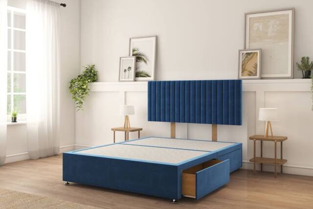 "Sloomy Manhattan Plush Divan Bed Base 2 Drawers Foot-End With 26"" Strutted Headboard in Navy - Size: Super King" - image 1