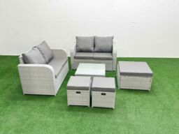 Fimous 7 Seater Outdoor Love Sofa Set Rattan Garden Furniture Set with Square Coffee Table 3 Footstool Light Grey - thumbnail 1