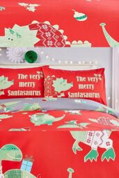 Bedlam 'Santasaurus' Christmas Glow in the Dark Bedroom Duvet Cover Set in Red - Size: Double - thumbnail 4