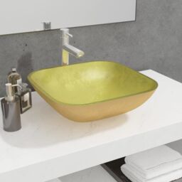 Berkfield Home Basin Glass 42x42x14 cm Gold - Size: 42 x 42 x 14 cm - thumbnail 1