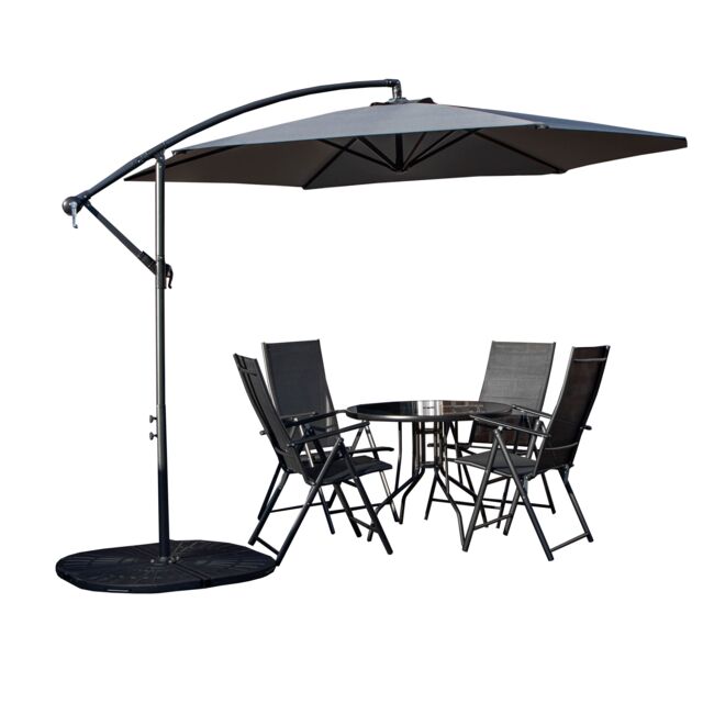Samuel Alexander Outdoor 4 Person Round Glass Top Garden Dining Table Chairs With Banana Parasol & Base in Grey - image 1