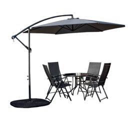 Samuel Alexander Outdoor 4 Person Round Glass Top Garden Dining Table Chairs With Banana Parasol & Base in Grey