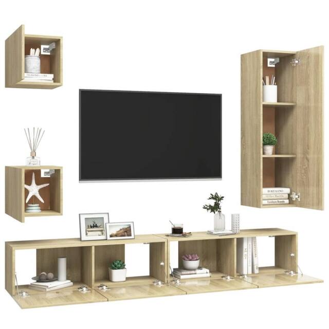 Berkfield Home Practical 5 Piece TV Cabinet Set Sonoma Oak Engineered Wood in Light Tan - image 1